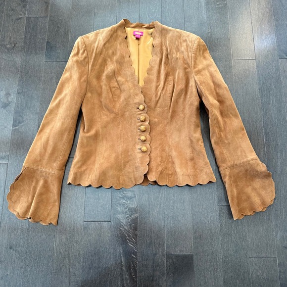 Jackets & Blazers - Vintage 90s Y2k Suede Leather Jacket Scalloped Bell Hem Western Romantic Camel 6